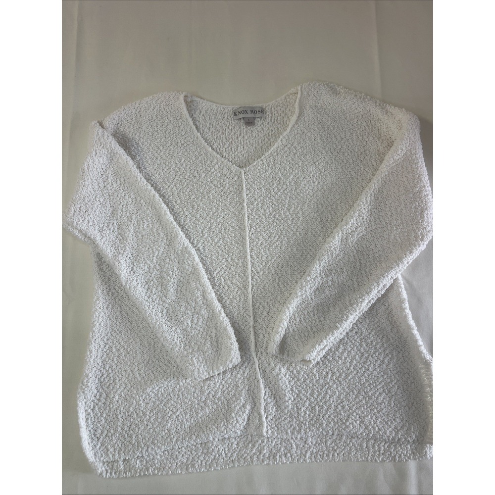 Knox Rose Boucle V-Neck Sweater in Ivory Sz. L Long Sleeve Soft and Cozy